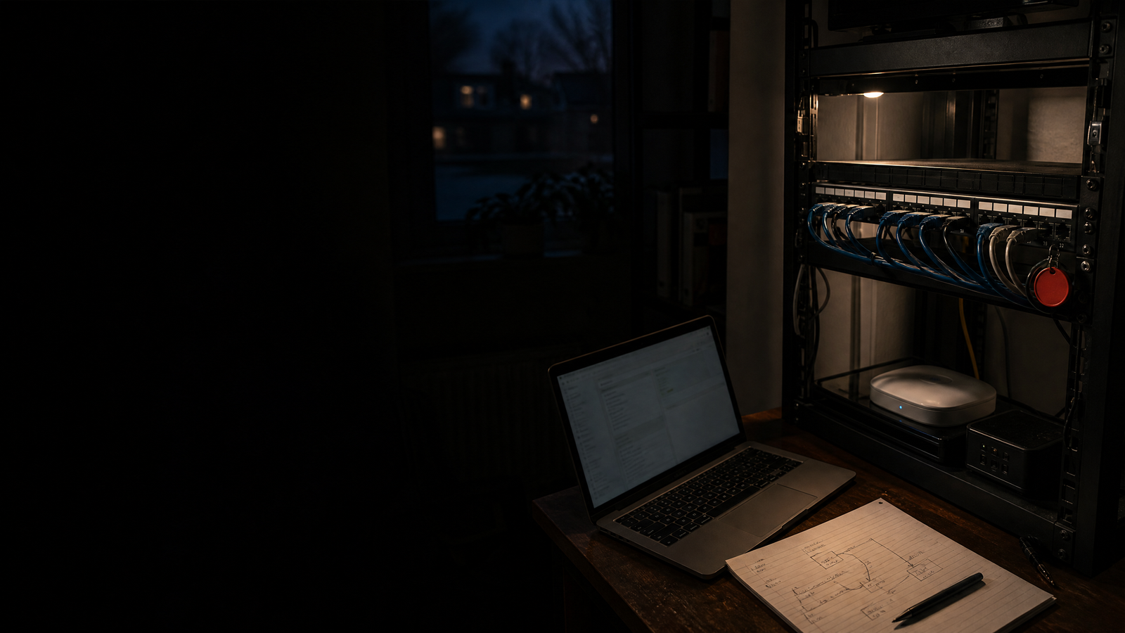 Home technology setup with networking equipment, smart-home devices, cables, and a laptop
