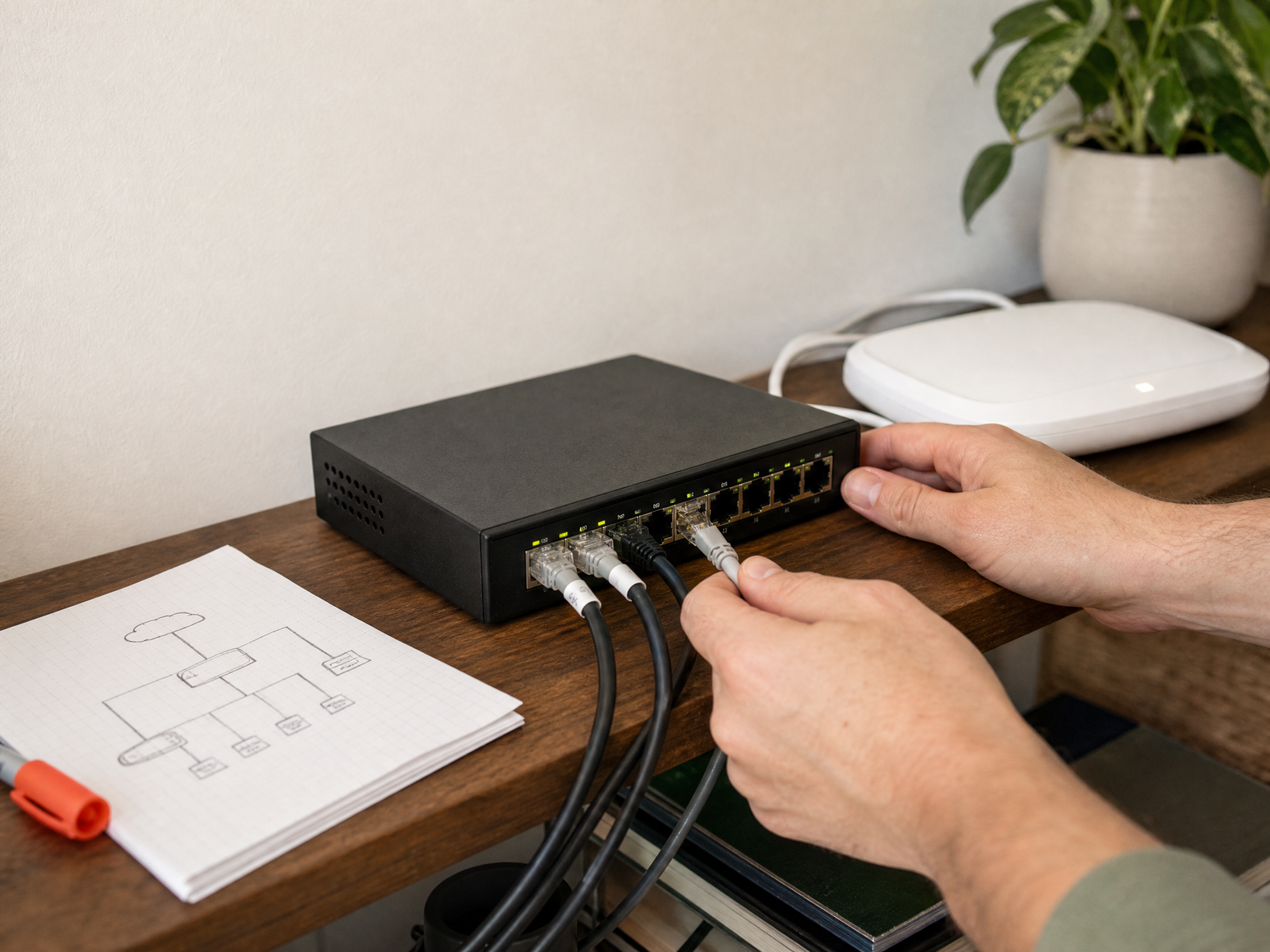 Hands configuring a compact home network setup