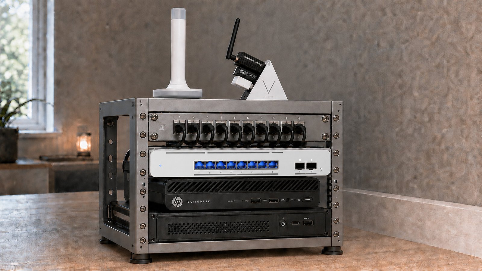 A small equipment rack holding a patch panel, a network switch, and an HP EliteDesk mini PC, with USB radio adapters mounted on top