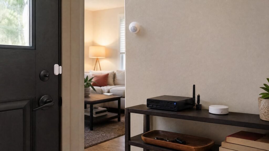 A compact home automation setup with an HP EliteDesk mini PC, door sensor, and smart-home sensors working together in a lived-in home.