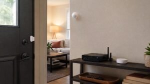 A compact home automation setup with an HP EliteDesk mini PC, door sensor, and smart-home sensors working together in a lived-in home.
