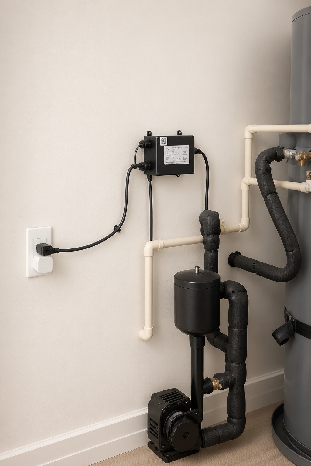 A recirculation pump in a garage beside a water heater, powered through a Tapo P210M smart socket in the wall outlet